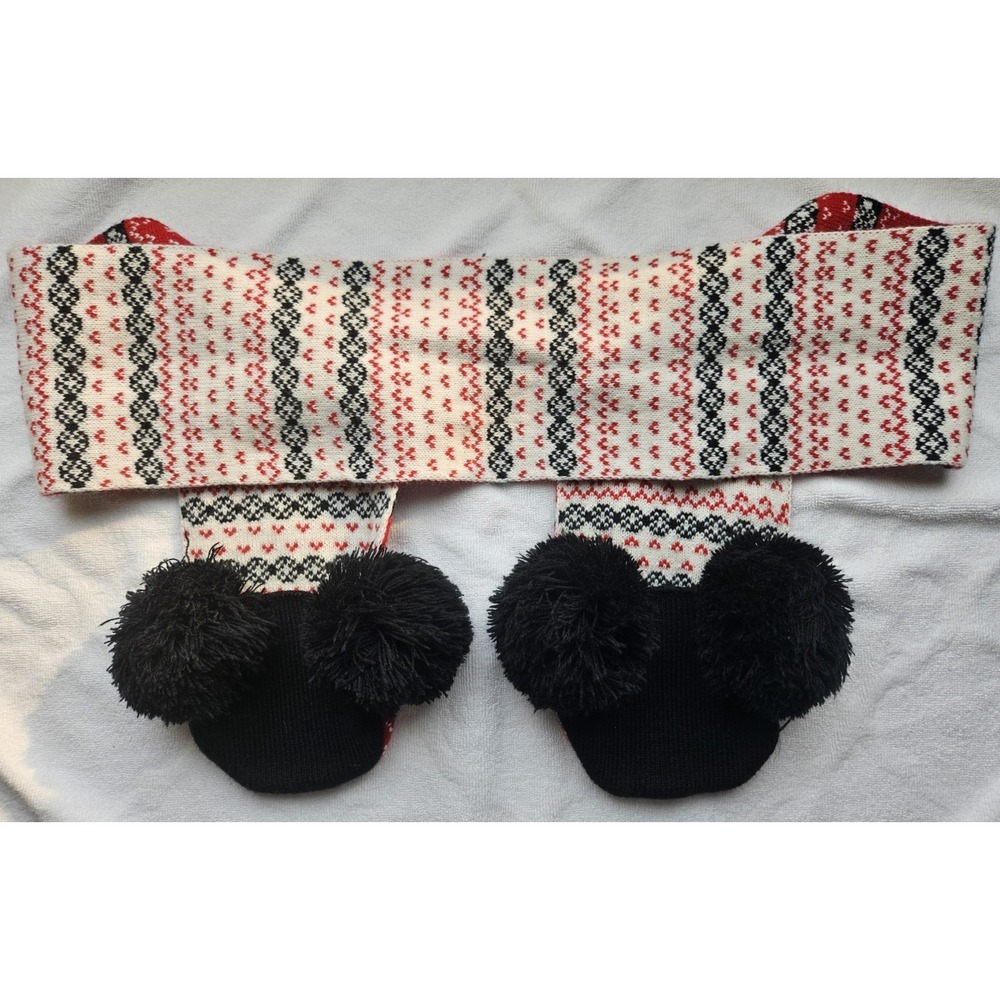 Disney Mickey Mouse PomPom Pocket Knit Winter Holiday Scarf Christmas Red White